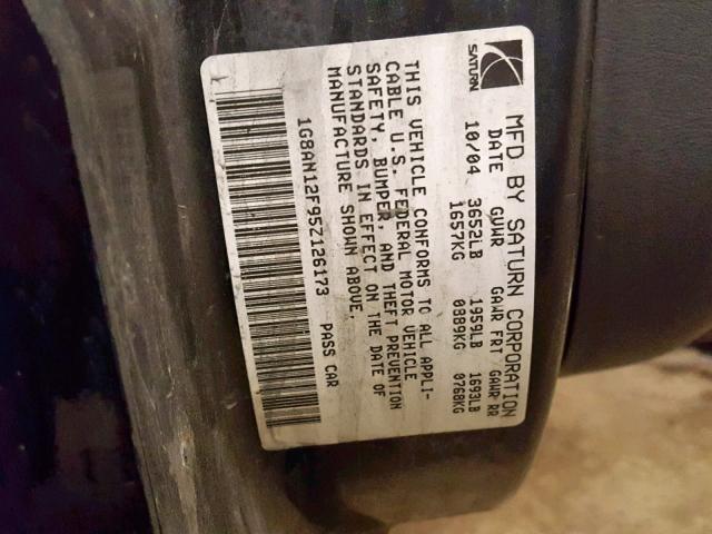 1G8AN12F95Z126173 - 2005 SATURN ION LEVEL 黑色 照片 10