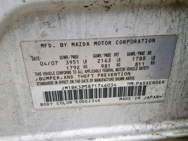 JM1BK323871746034 - 2007 MAZDA 3 S WHITE photo 10