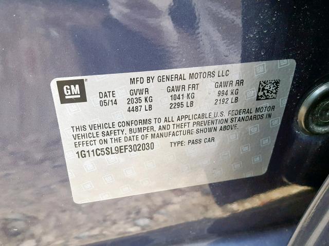 1G11C5SL9EF302030 - 2014 CHEVROLET MALIBU 1LT BLUE photo 10