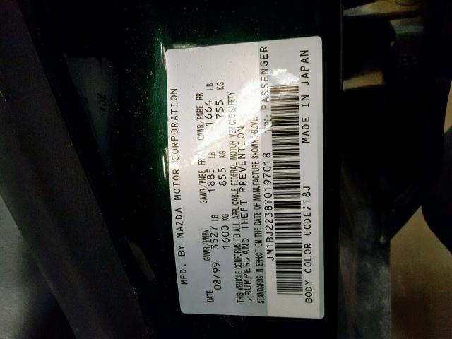 JM1BJ2238Y0197018 - 2000 MAZDA PROTEGE ES 绿色 照片 10