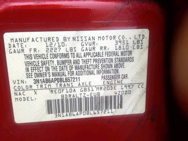 3N1AB6AP0BL657211 - 2011 NISSAN SENTRA 2.0 RED photo 10