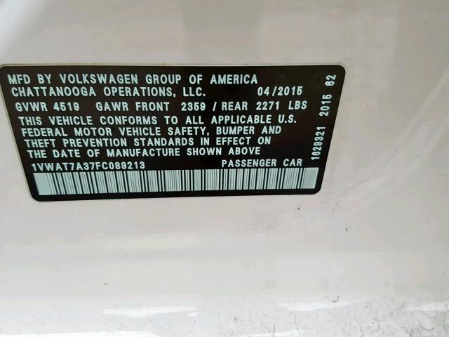 1VWAT7A37FC089213 - 2015 VOLKSWAGEN PASSAT S WHITE photo 10