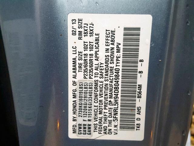 5FNRL5H94DB049840 - 2013 HONDA ODYSSEY TO BLUE photo 10