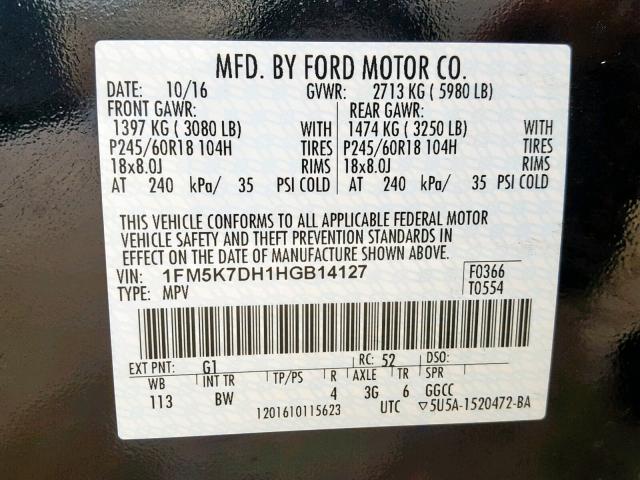 1FM5K7DH1HGB14127 - 2017 FORD EXPLORER X BLACK photo 10