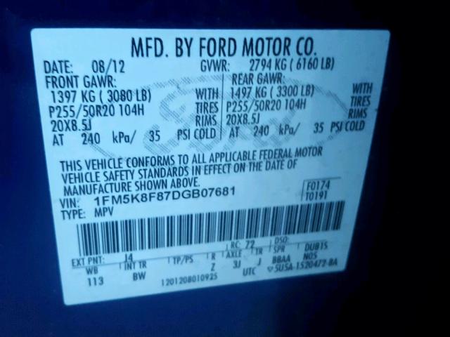 1FM5K8F87DGB07681 - 2013 FORD EXPLORER L BLUE photo 10