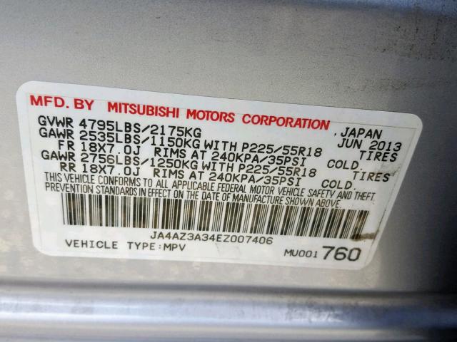 JA4AZ3A34EZ007406 - 2014 MITSUBISHI OUTLANDER SILVER photo 10