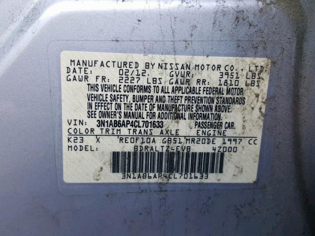 3N1AB6AP4CL701633 - 2012 NISSAN SENTRA 2.0 SILVER photo 10