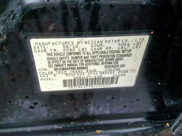 3N1CB6AP9BL605603 - 2011 NISSAN SENTRA SE- BLACK photo 10