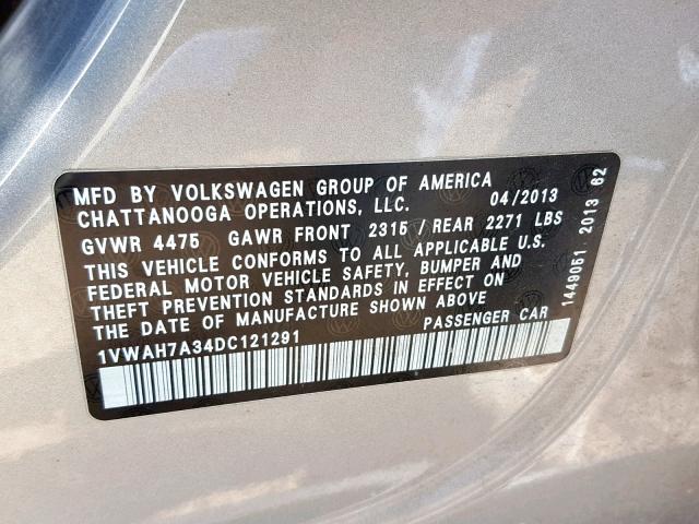 1VWAH7A34DC121291 - 2013 VOLKSWAGEN PASSAT S SILVER photo 10