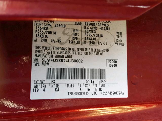 5LMFU28R24LJ30002 - 2004 LINCOLN NAVIGATOR Kastanienbraun Foto 10