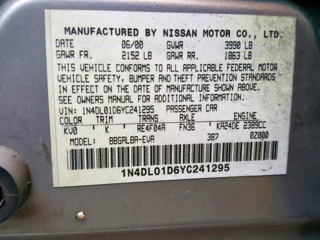 1N4DL01D6YC241295 - 2000 NISSAN ALTIMA XE SILVER photo 10