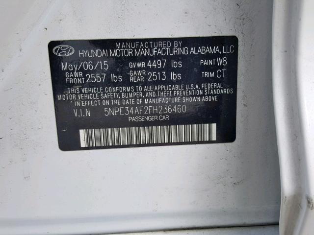 5NPE34AF2FH236460 - 2015 HYUNDAI SONATA SPO WHITE photo 10