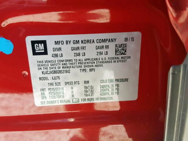 KL4CJASB6GB531842 - 2016 BUICK ENCORE RED photo 10