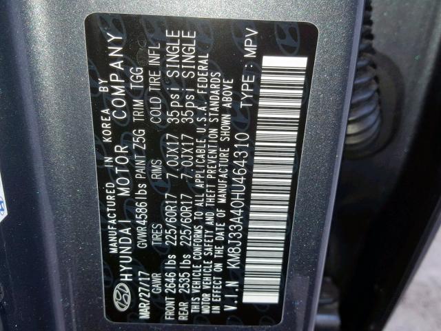 KM8J33A40HU464310 - 2017 HYUNDAI TUCSON LIM GRAY photo 10