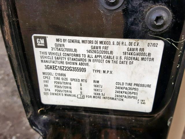 3GKEC16Z22G355909 - 2002 GMC YUKON XL C BLACK photo 10