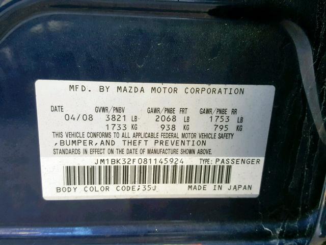 JM1BK32F081145924 - 2008 MAZDA 3 I BLUE photo 10