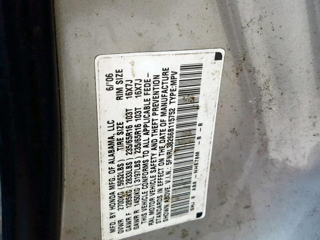 5FNRL38266B115752 - 2006 HONDA ODYSSEY LX SILVER photo 10