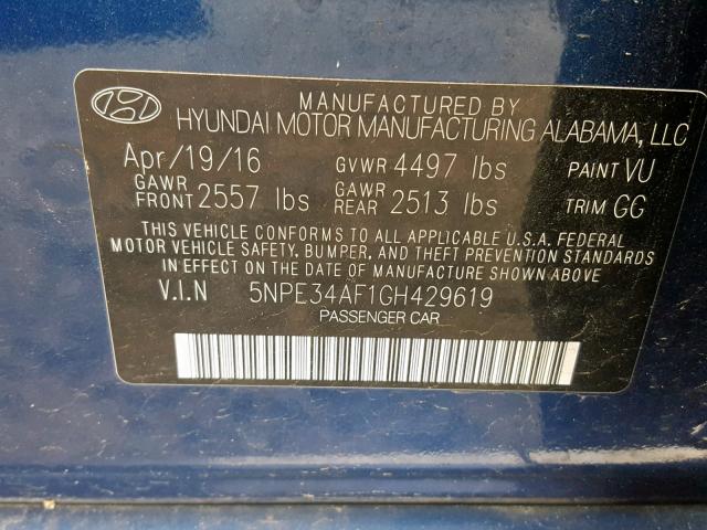 5NPE34AF1GH429619 - 2016 HYUNDAI SONATA SPO BLUE photo 10