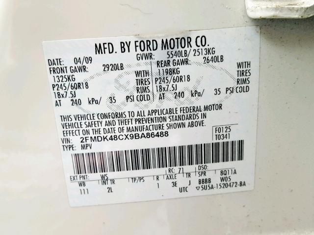 2FMDK48CX9BA86488 - 2009 FORD EDGE SEL WHITE photo 10