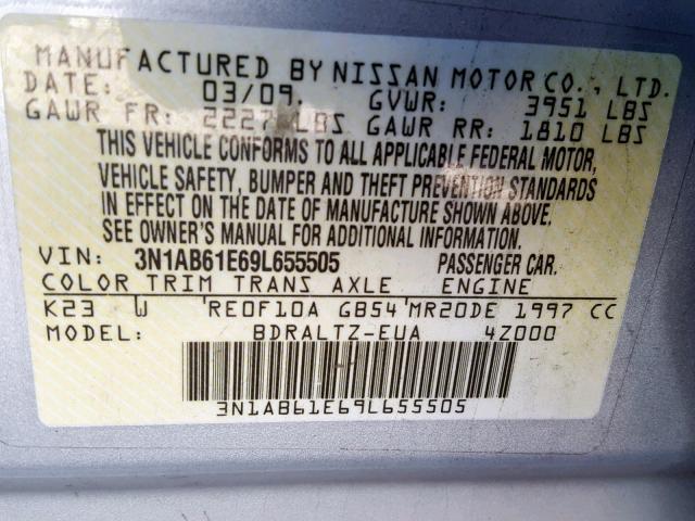 3N1AB61E69L655505 - 2009 NISSAN SENTRA 2.0 SILVER photo 10