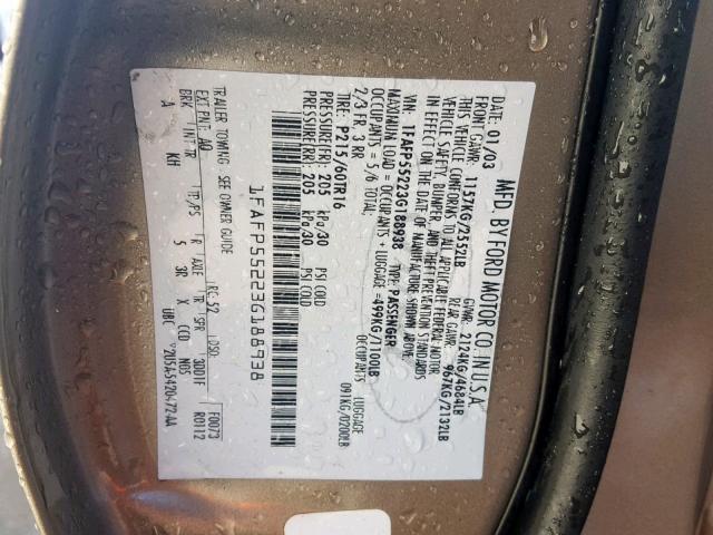 1FAFP55223G188938 - 2003 FORD TAURUS SES BEIGE photo 10