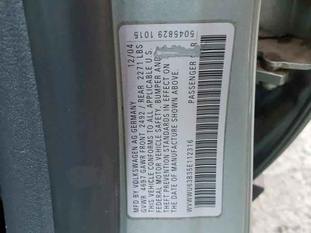 WVWWU63B35E112316 - 2005 VOLKSWAGEN PASSAT GLX GREEN photo 10