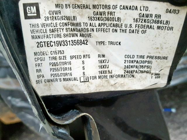 2GTEC19V331356842 - 2003 GMC NEW SIERRA BLACK photo 10