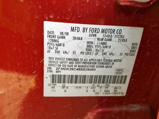 2FMDK39C48BB38480 - 2008 FORD EDGE LIMIT BURGUNDY photo 10