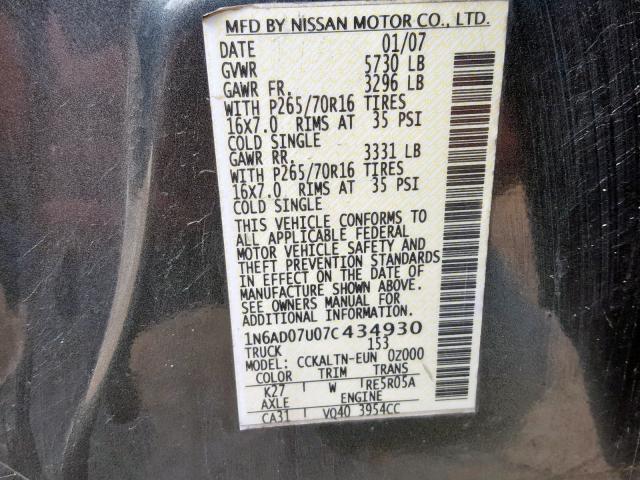 1N6AD07U07C434930 - 2007 NISSAN FRONTIER C GRAY photo 10