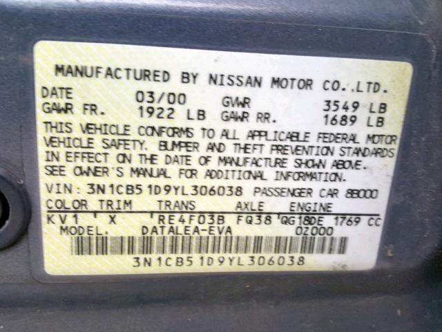 3N1CB51D9YL306038 - 2000 NISSAN SENTRA BAS GRAY photo 10