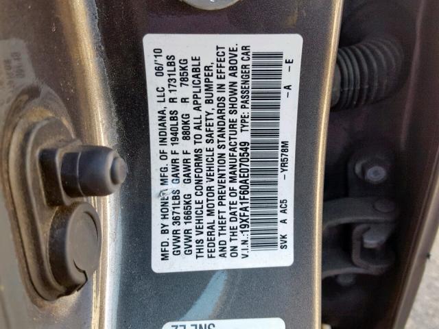 19XFA1F60AE070549 - 2010 HONDA CIVIC CHARCOAL photo 10