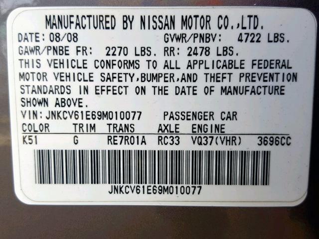 JNKCV61E69M010077 - 2009 INFINITI G37 BASE GRAY photo 10