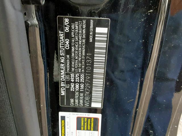 WDBTK72F79T101371 - 2009 MERCEDES-BENZ CLK 550 BLACK photo 10