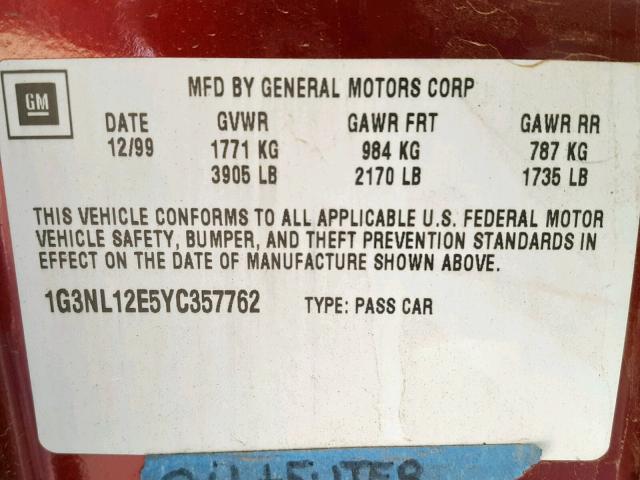 1G3NL12E5YC357762 - 2000 OLDSMOBILE ALERO GL MAROON photo 10