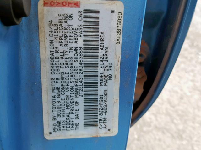 JT2EL43T2R0463869 - 1994 TOYOTA TERCEL DX BLUE photo 10