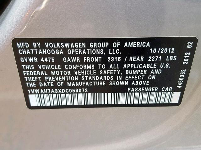 1VWAH7A3XDC059072 - 2013 VOLKSWAGEN PASSAT S SILVER photo 10