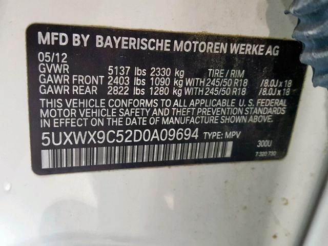 5UXWX9C52D0A09694 - 2013 BMW X3 XDRIVE2 WHITE photo 10