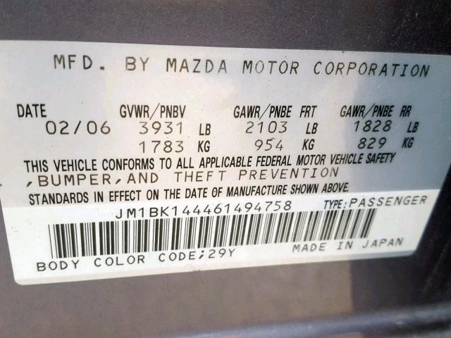 JM1BK144461494758 - 2006 MAZDA 3 HATCHBAC SILVER photo 10