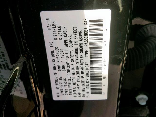 19UUB3F53HA000047 - 2017 ACURA TLX TECH BLACK photo 10