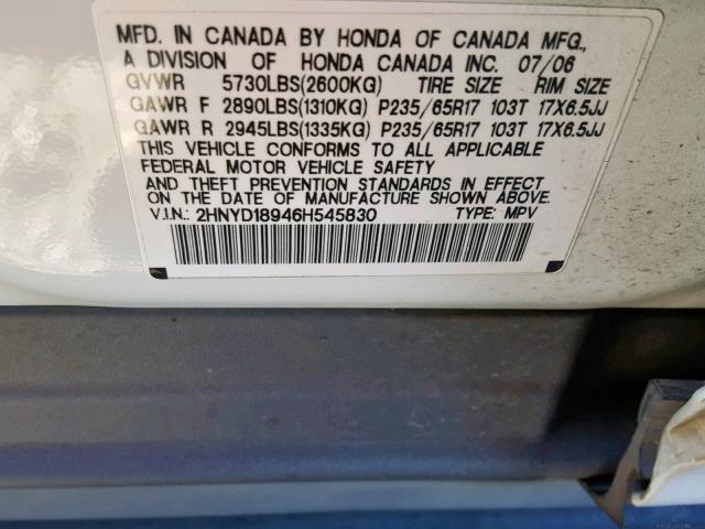 2HNYD18946H545830 - 2006 ACURA MDX TOURIN WHITE photo 10