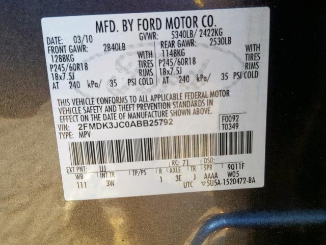 2FMDK3JC0ABB25792 - 2010 FORD EDGE SEL GRAY photo 10