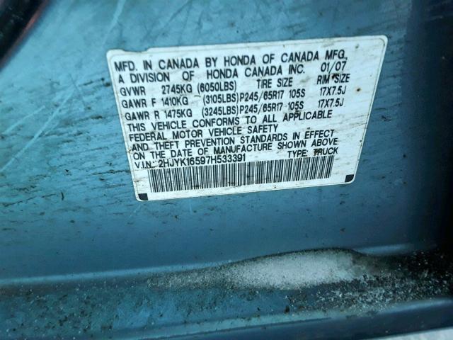 2HJYK16597H533391 - 2007 HONDA RIDGELINE BLUE photo 10