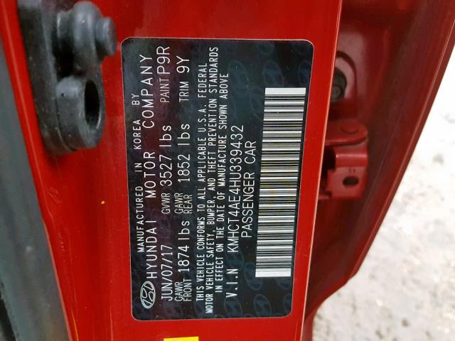 KMHCT4AE4HU339432 - 2017 HYUNDAI ACCENT SE RED photo 10