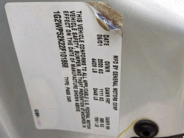 1G2WP52K22F101868 - 2002 PONTIAC GRAND PRIX ვერცხლისფერი ფოტო 10