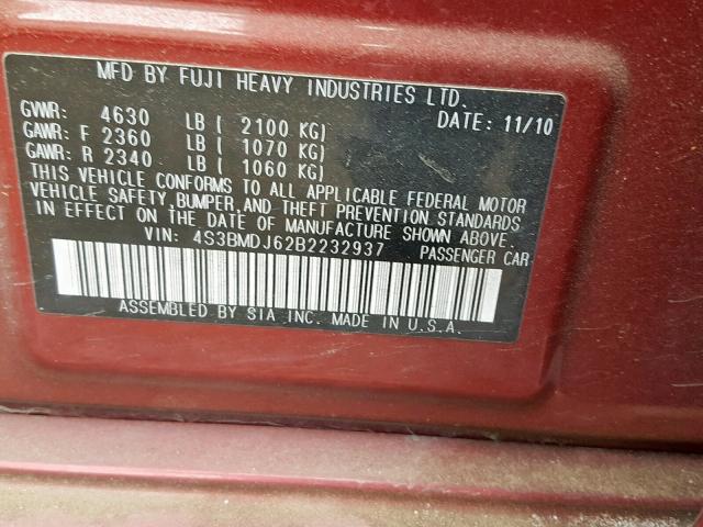 4S3BMDJ62B2232937 - 2011 SUBARU LEGACY 3.6 RED photo 10