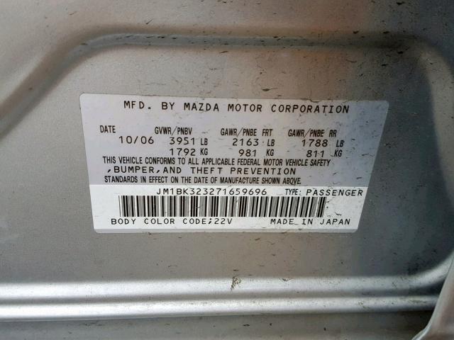 JM1BK323271659696 - 2007 MAZDA 3 S SILVER photo 10