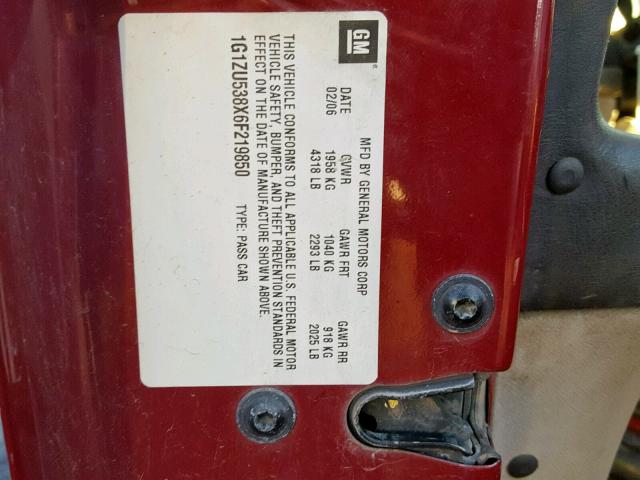 1G1ZU538X6F219850 - 2006 CHEVROLET MALIBU LTZ ბურგუნდია ფოტო 10