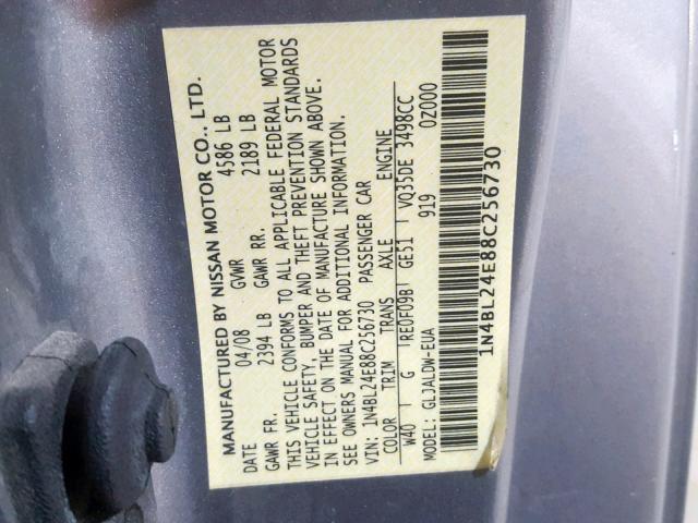 1N4BL24E88C256730 - 2008 NISSAN ALTIMA 3.5 GRAY photo 10