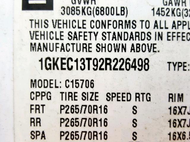 1GKEC13T92R226498 - 2002 GMC YUKON WHITE photo 10