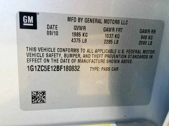 1G1ZC5E12BF180832 - 2011 CHEVROLET MALIBU 1LT ვერცხლისფერი ფოტო 10